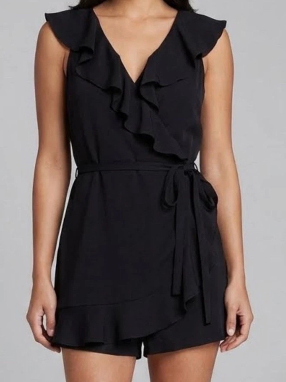Guess Black Wrap Front Ruffles Satin Romper Sz M